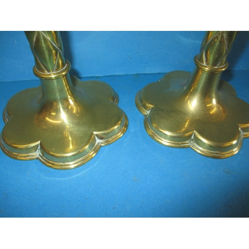 235 - A stunning pair of Victorian Gothic Revival brass altar candlesticks, probably to a design by A.W.N.... 