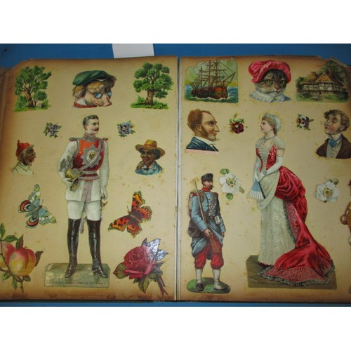 288 - A Victorian scrap book with approx. 60 pages of good quality paper scraps, some pages loose and bump... 