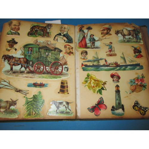 288 - A Victorian scrap book with approx. 60 pages of good quality paper scraps, some pages loose and bump... 