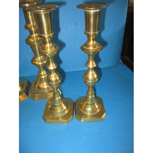 289 - 3 Pairs of Victorian brass candlesticks, to include a Diamond Princess pair, all in useable pre-owne... 