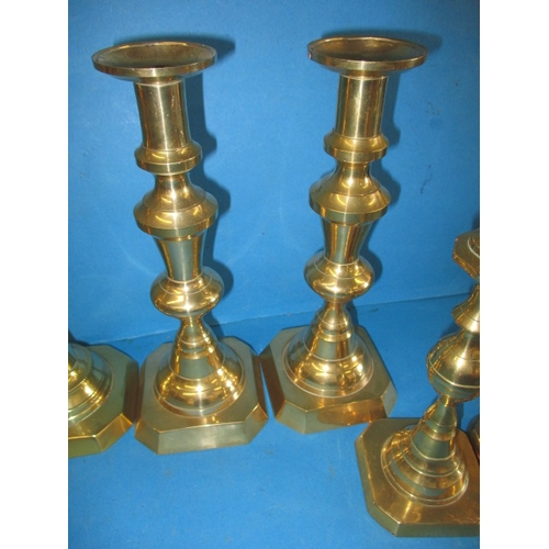 289 - 3 Pairs of Victorian brass candlesticks, to include a Diamond Princess pair, all in useable pre-owne... 