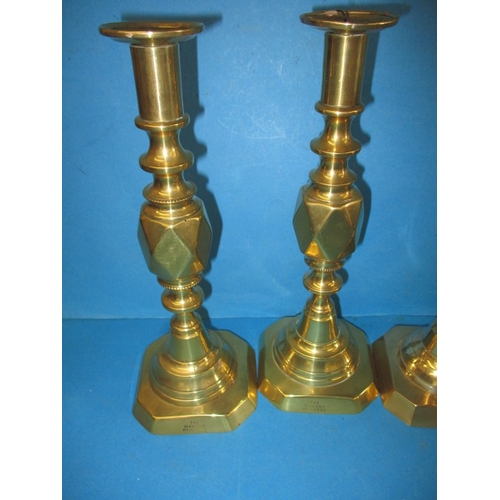 289 - 3 Pairs of Victorian brass candlesticks, to include a Diamond Princess pair, all in useable pre-owne... 