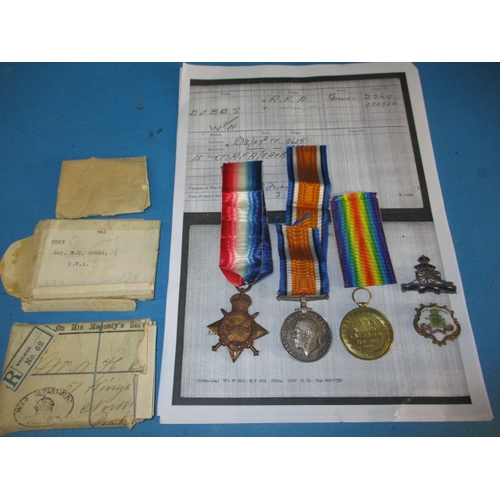 244 - WWI Medal trio to 2269 Gnr W H Dobbs 5th London Territorial force Royal field artillery, with postal... 