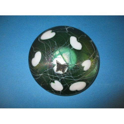 276 - A vintage John Ditchfield waterlily glass paperweight with silver butterfly, approx. diameter 12.5cm... 