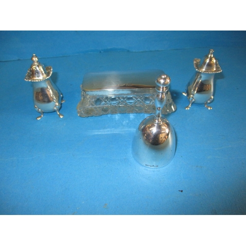 194 - A silver salt and pepper pot and a silver top trinket box and a Christofle table bell, missing clapp... 