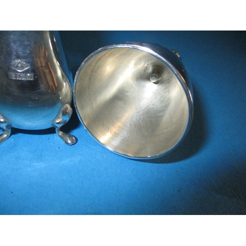 194 - A silver salt and pepper pot and a silver top trinket box and a Christofle table bell, missing clapp... 