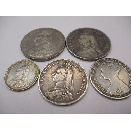 168 - 5 Victorian silver coins, to include a “godless florin” all circulated with fine definition of featu... 