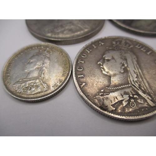 168 - 5 Victorian silver coins, to include a “godless florin” all circulated with fine definition of featu... 