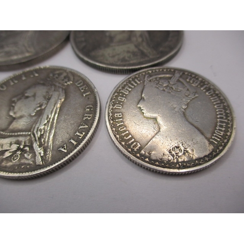 168 - 5 Victorian silver coins, to include a “godless florin” all circulated with fine definition of featu... 