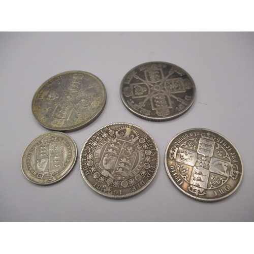 168 - 5 Victorian silver coins, to include a “godless florin” all circulated with fine definition of featu... 