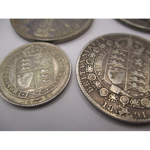 168 - 5 Victorian silver coins, to include a “godless florin” all circulated with fine definition of featu... 