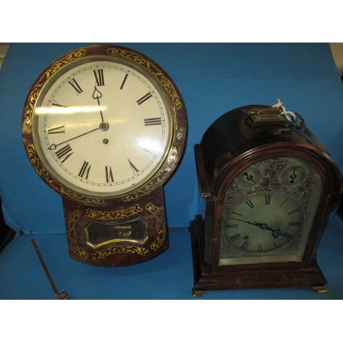 297 - Two antique clocks, one a fusee movement wall clock the other a mantle clock, both in need of servic... 