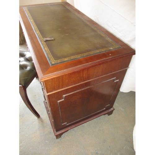 323 - A 20th century 8 drawer pedestal desk, with green inset writing surface, comes in 3 parts for ease o... 