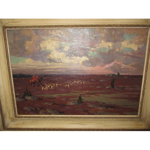 303 - Oil on canvas, Hunting scene landscape, signed Edward Doigneau, approx. image size 55x38cm, having a... 