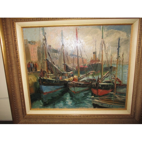 304 - A vintage oil on board harbour scene, with another seascape attached to rear, approx. image size 47x... 