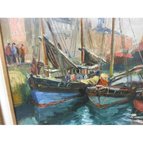 304 - A vintage oil on board harbour scene, with another seascape attached to rear, approx. image size 47x... 