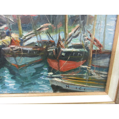 304 - A vintage oil on board harbour scene, with another seascape attached to rear, approx. image size 47x... 