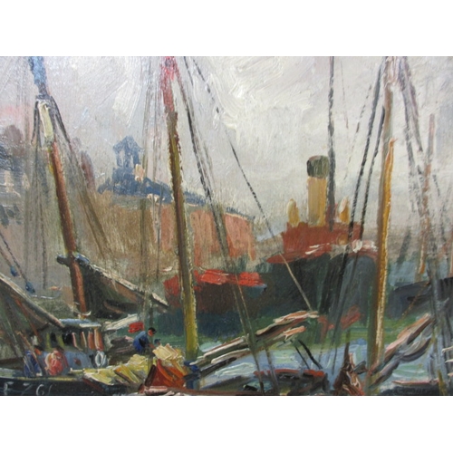 304 - A vintage oil on board harbour scene, with another seascape attached to rear, approx. image size 47x... 