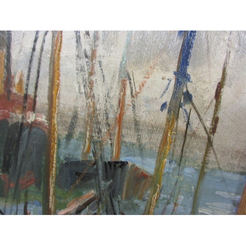 304 - A vintage oil on board harbour scene, with another seascape attached to rear, approx. image size 47x... 