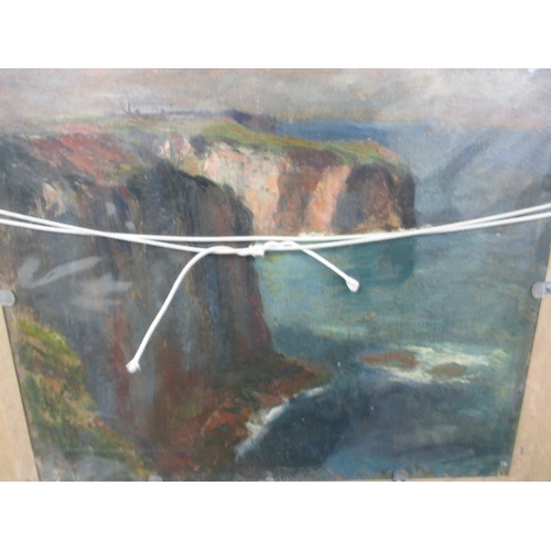 304 - A vintage oil on board harbour scene, with another seascape attached to rear, approx. image size 47x... 