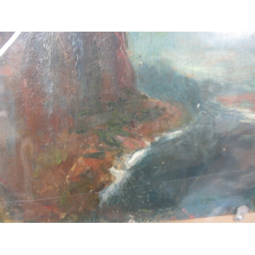 304 - A vintage oil on board harbour scene, with another seascape attached to rear, approx. image size 47x... 