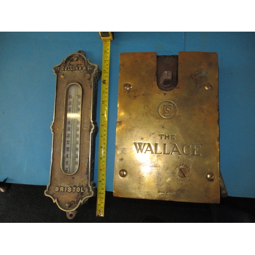 1 - A large vintage industrial boiler thermostat and a large brass fronted safe lock, no key and both wi... 