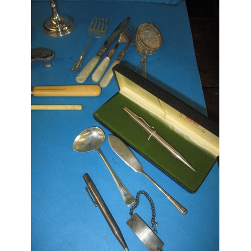 74 - A parcel of miscellanea, to include a shoe pin cushion, stilton scoop and some silver items, all in ... 