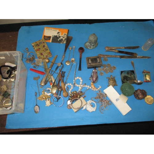 105 - A parcel of interesting collectables, to include some white metal items and a tin plate clockwork mo... 