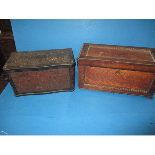 109 - 2 antique tea caddies one a boulle work example, both with glass liners, would benefit from restorat... 