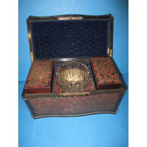 109 - 2 antique tea caddies one a boulle work example, both with glass liners, would benefit from restorat... 