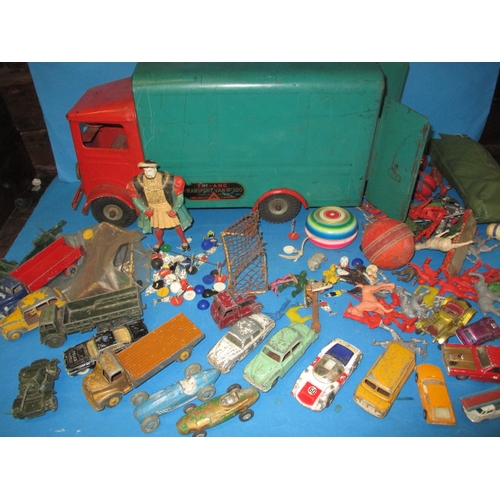 113 - A quantity of vintage toys, to include die-cast vehicles a Triang transport van and some early Subbu... 