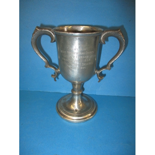 117 - A twin handled chalice with dedication for Tow law united presbyterian church, County Durham, dated ... 