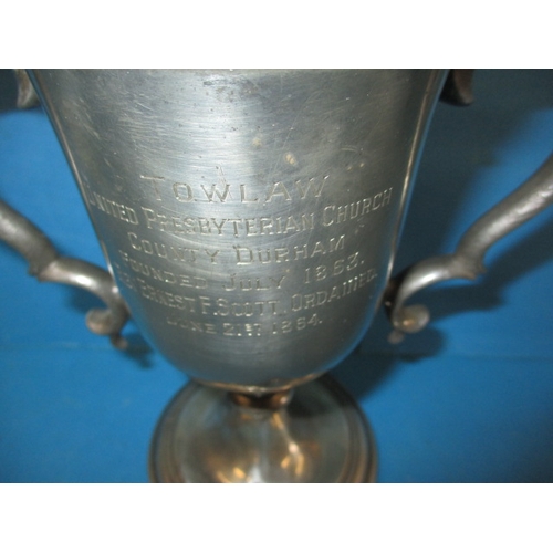 117 - A twin handled chalice with dedication for Tow law united presbyterian church, County Durham, dated ... 