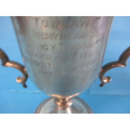 117 - A twin handled chalice with dedication for Tow law united presbyterian church, County Durham, dated ... 