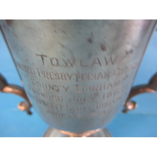 117 - A twin handled chalice with dedication for Tow law united presbyterian church, County Durham, dated ... 