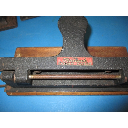 161 - 4 Late 19th early 20th office embossing stamps and a vintage hole punch, approx. length of largest 4... 