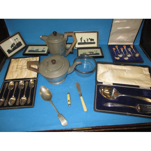 190 - A parcel of collectable miscellanea to include boxed spoons and a pewter tea pot and water jug in th... 