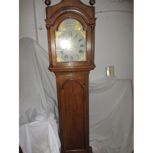 191 - An antique oak cased long case clock, painted dial marked ‘Hines. Ipswich’. Weights and pendulum, bu... 