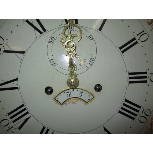 191 - An antique oak cased long case clock, painted dial marked ‘Hines. Ipswich’. Weights and pendulum, bu... 