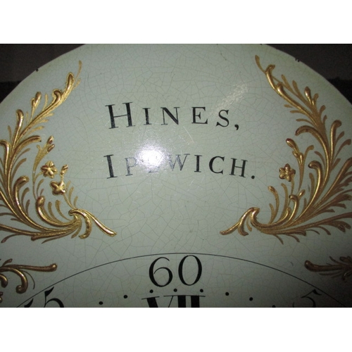 191 - An antique oak cased long case clock, painted dial marked ‘Hines. Ipswich’. Weights and pendulum, bu... 