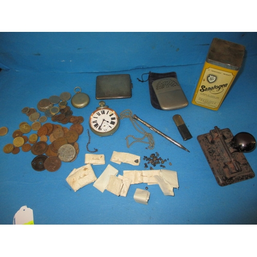 195 - A parcel of collectable miscellanea, to include coins un-cut gem stones and a WWI military compass, ... 