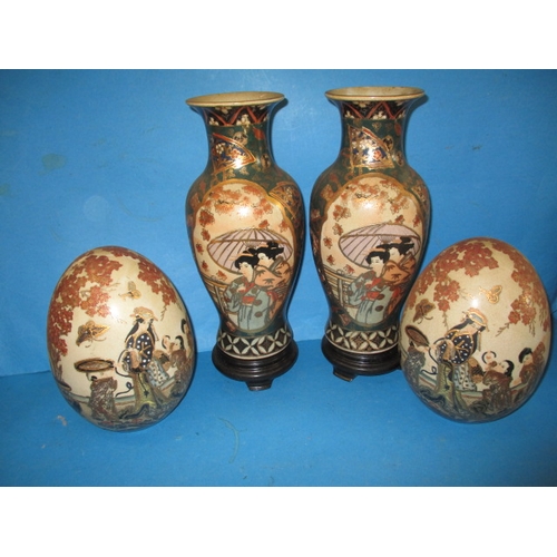 213 - 4 pieces of oriental ceramics in the Satsuma style, approx. height of vases off stands 30cm ,all in ... 