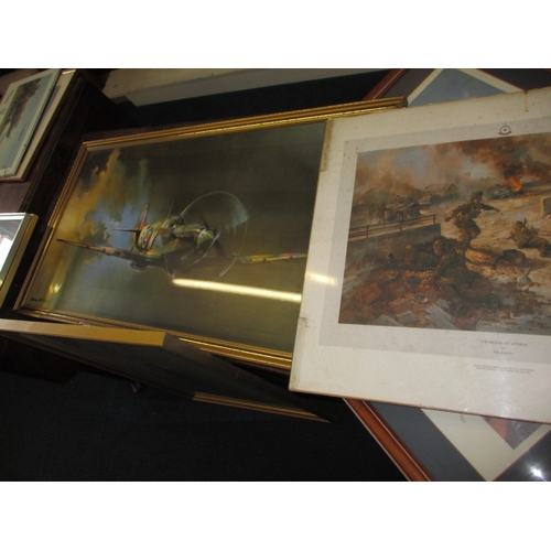 218 - A parcel of military related prints, to include a 1978 Barrie A F Clark spitfire and “The bridge at ... 