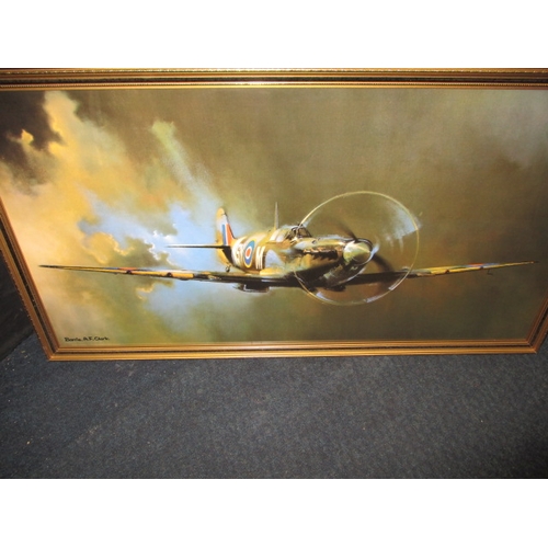 218 - A parcel of military related prints, to include a 1978 Barrie A F Clark spitfire and “The bridge at ... 