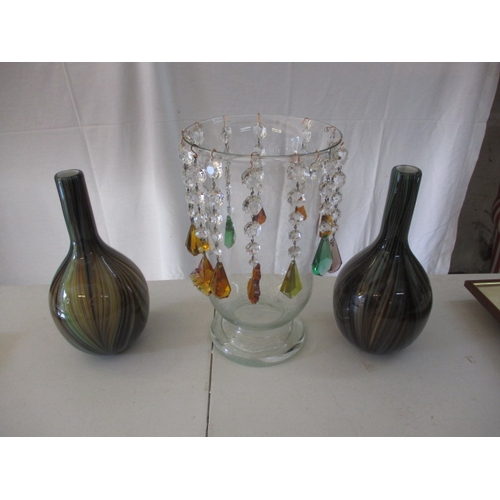 253 - A pair of contemporary glass vases and a large decorative glass vase with glass lustres. Approximate... 