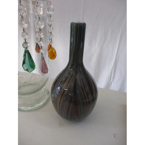 253 - A pair of contemporary glass vases and a large decorative glass vase with glass lustres. Approximate... 