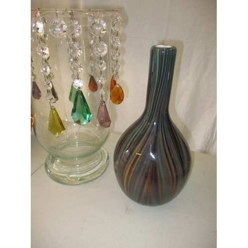 253 - A pair of contemporary glass vases and a large decorative glass vase with glass lustres. Approximate... 