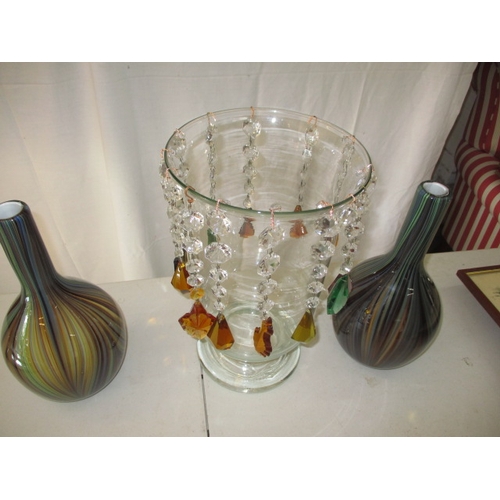 253 - A pair of contemporary glass vases and a large decorative glass vase with glass lustres. Approximate... 