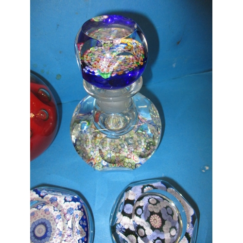 273 - A parcel of glass paperweights and decanters, most millefiori pattern, to include Perthshire, the sm... 