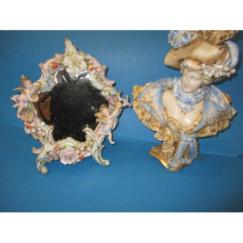 294 - A vintage easel type mirror and a decorative bust, some minor damages, approx. height of bust 39cm